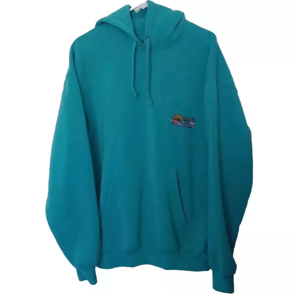 VINTAGE Gold Beach Oregon Men's Sweatshirt L BLUE Turquoise Embroidered HOODIE